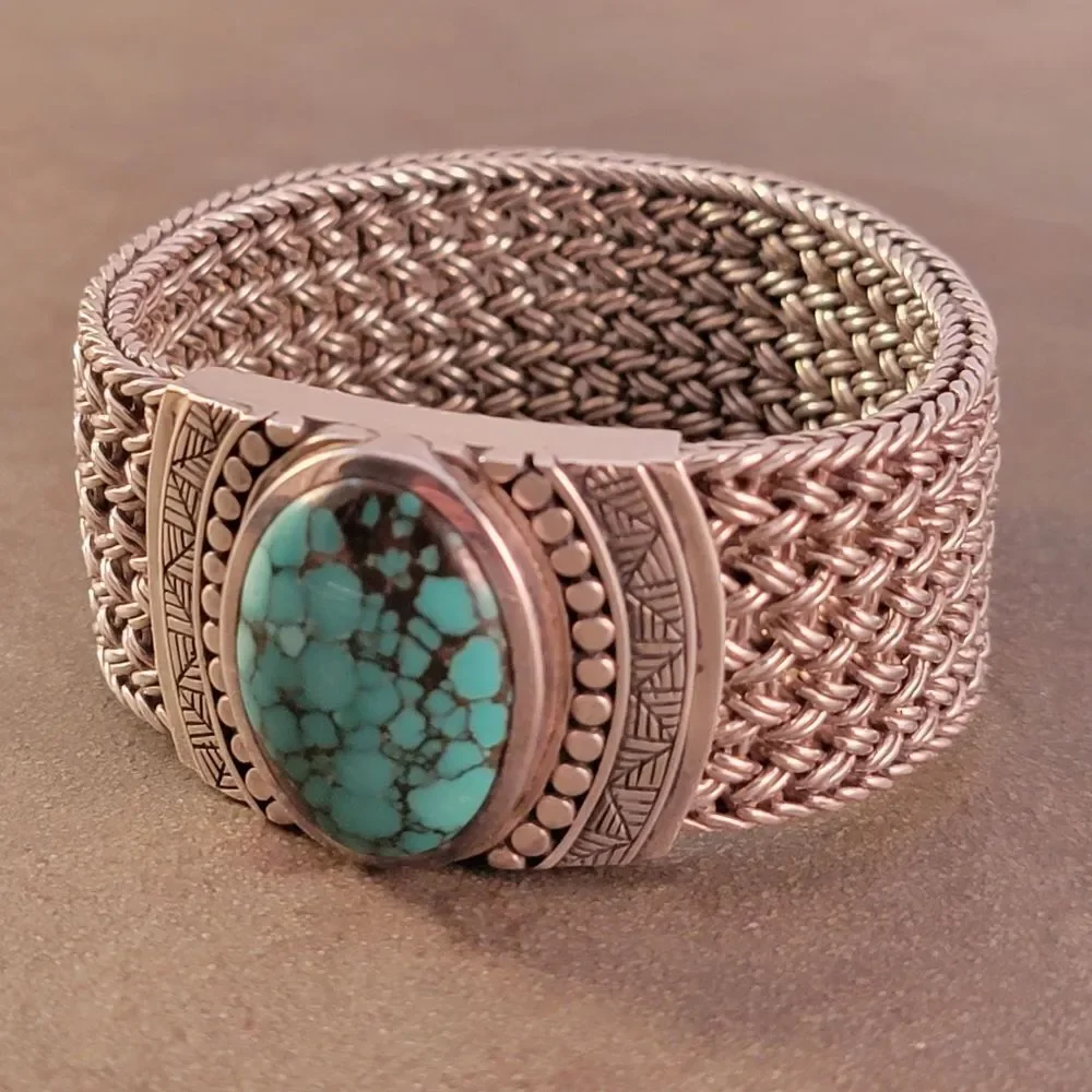Sterling Heavy Turquoise Wide Woven Chain Toggle Bracelet